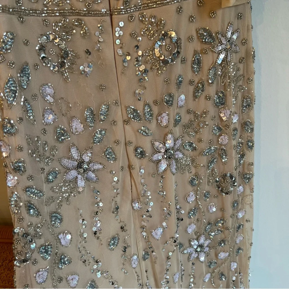 Mac Duggal Embellished One Shoulder Draped Maxi Gown Nude & Silver | Size 8 - Picture 14 of 16